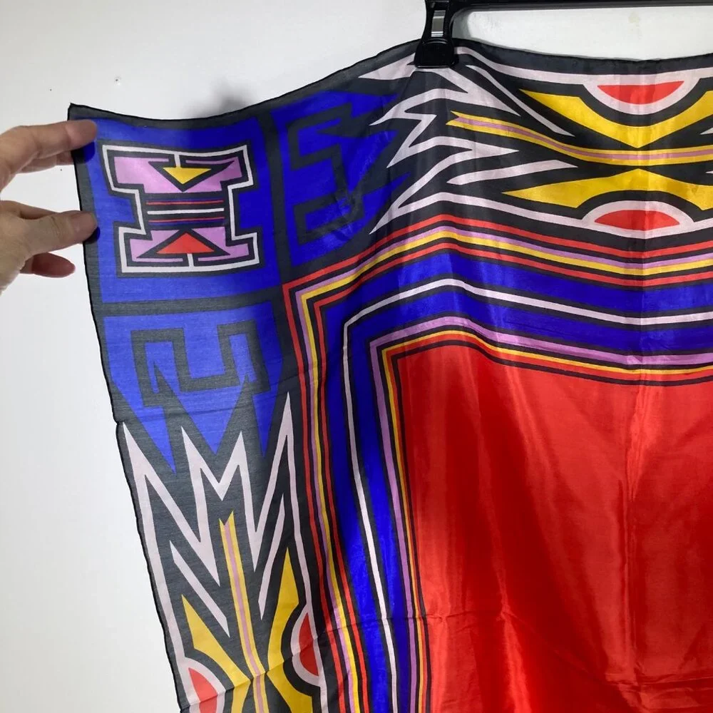 Womens Aztec Shanghai Sunrise Silk Scarf Blue Red Yellow 32 x 33